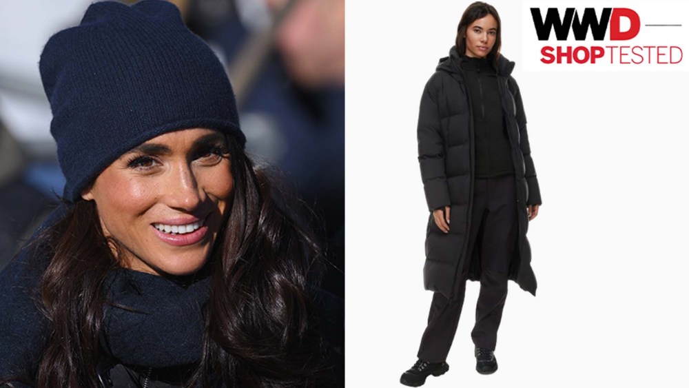 meghan markle wearing a knit hat and scarf; woman wearing a long black puffer coat and boots