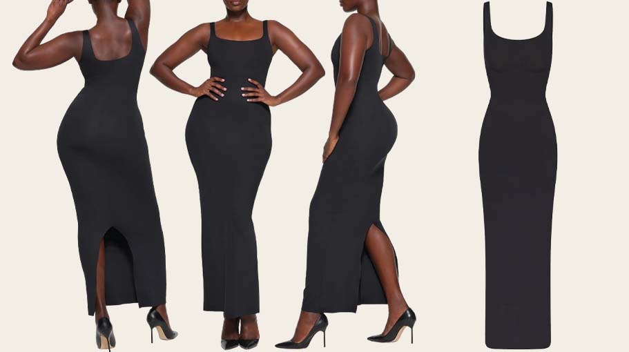 three images of a woman wearing a long black tank top dress and black heels; black tank top maxi dress