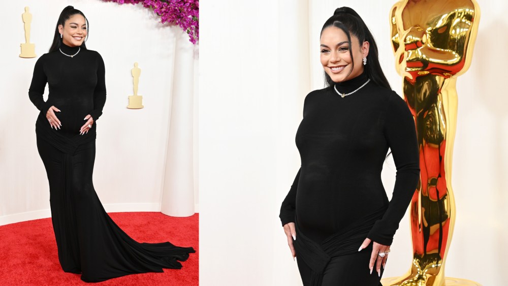 pregnant Vanessa Hudgens at the 2024 Oscars red carpet, wearing Vera Wang dress, baby bump