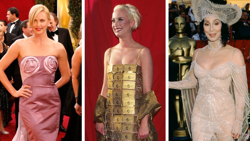 oscars worst dressed list, celebrity style, academy awards red carpet, cher oscars dress, gold credit card dress, charlize theron pink dress
