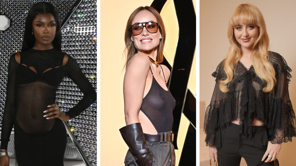 sheer fashion trends paris fashion week front row, fall 2024, olivia wilde, leomie anderson, kathryn newton