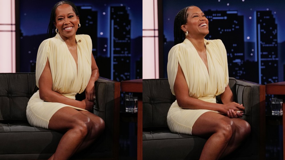 Regina King on the March 21 episode of Jimmy Kimmel Live, white ruched plunge mini dress, Philosophy di Lorenzo Serafini