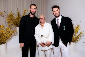 Simon Porte Jacquemus with his grandmother Liline and his husband Marco Maestri at the Simon Porte Jacquemus Award Ceremony