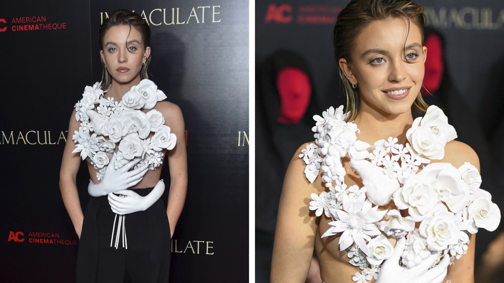 Sydney Sweeney at the Immaculate premiere in balmain flower top fall 2024 during Beyond Fest in Hollywood on March 15.