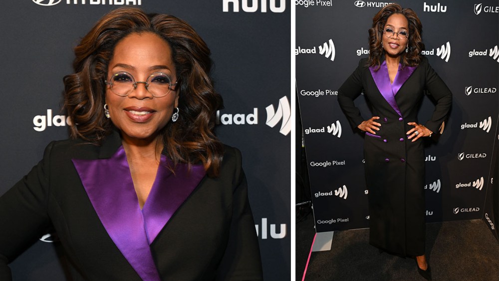 Oprah Winfrey in suit with purple label on the red carpet, 35th GLAAD Media Awards, March 14, 2024, Beverly Hills, California