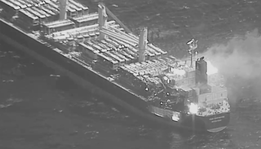 An anti-ship ballistic missile fired by Houthi militants in Yemen struck the bulk carrier True Confidence, with the damage seen here.