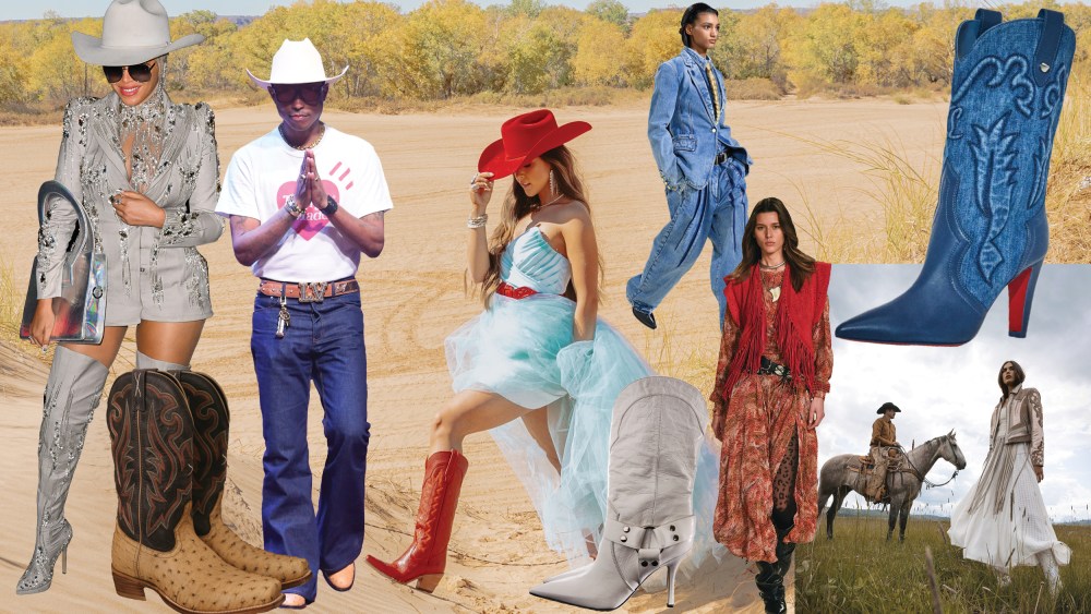 Beyonce Knowles, Pharrell Williams, Dingo red boots (on model), Schiaparelli all-denim runway look, Christian Louboutin denim boot. Twisted X exotic boots, Paris Texas white boots, Isabel Marant runway look, Boot Barn campaign