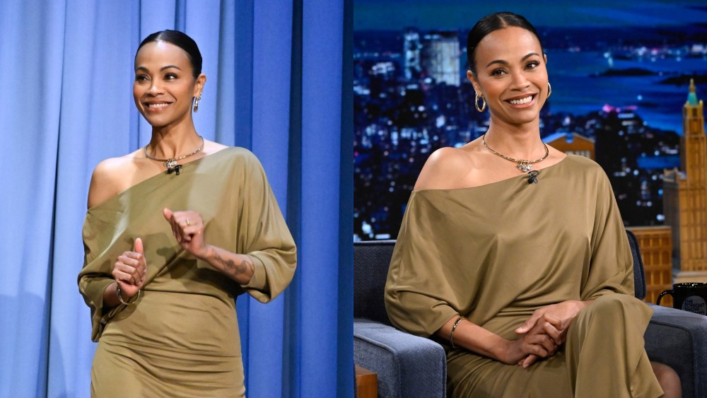 Actress Zoe Saldaña during an interview on Thursday, March 28, 2024, khaite dress, tonight show starring jimmy fallon
