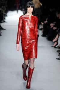 A model on the runway at Tom Ford's fall 2014 show at Lindley Hall.
