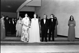 (Main group, L-R) Princess Caroline, Grace Kelly, Rainier III, Prince of Monaco, and Albert II, Prince of Monaco attend the opening of the Sporting Club Casino in Monte Carlo, Monaco, on June 22, 1974.