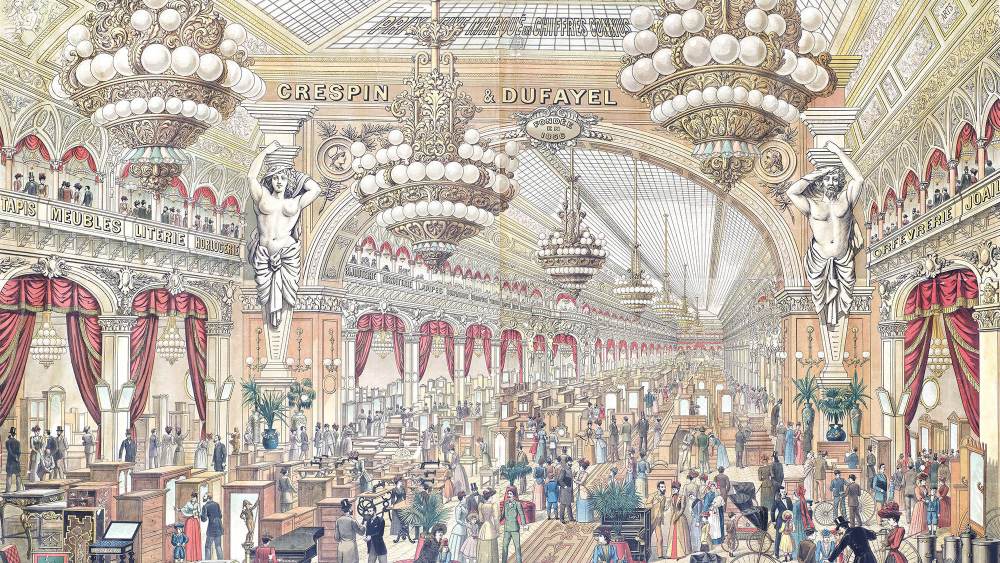 A poster depicting Les Grands Magasins Dufayel department store in Paris.
