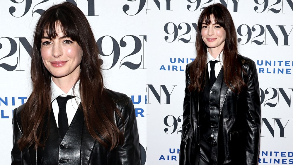 Anne Hathaway wears leather suit, attends a screening of "The Idea of You" on April 28 in New York.
