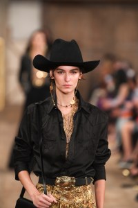 Model on the runway at the Ralph Lauren Spring 2024 Ready To Wear Fashion Show at the Brooklyn Navy Yard on September 8, 2023 in Brooklyn, New York.