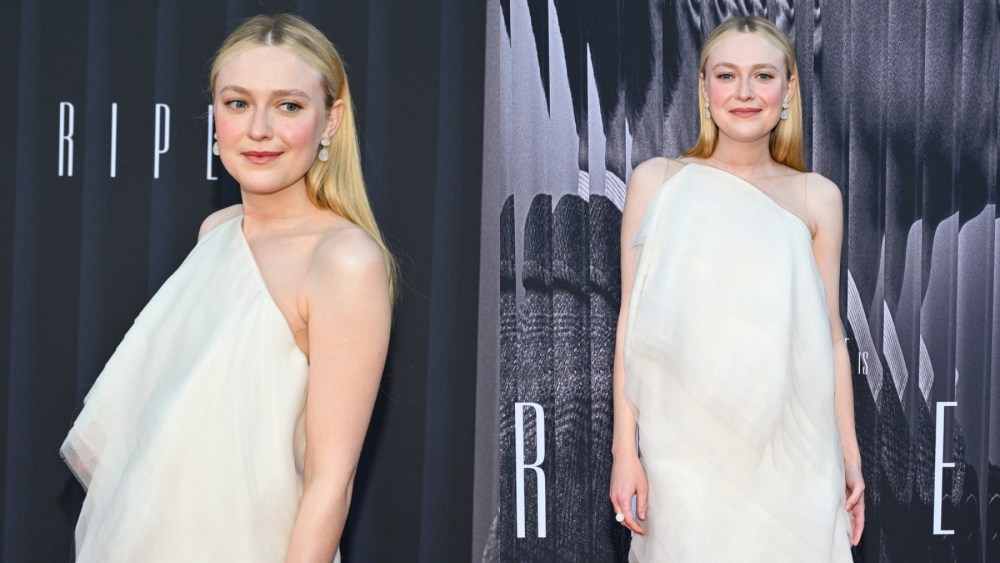 white fendi one-shoulder dress, 
Dakota Fanning at the premiere of Netflix's "Ripley" on April 3 in Los Angeles, Fendi, celebrity style, premiere, red carpet