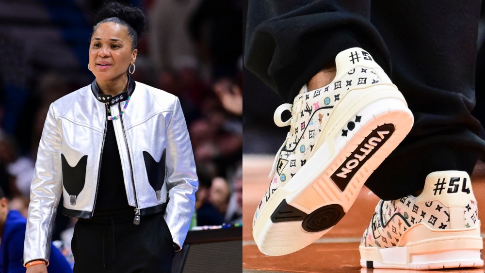 Dawn Staley during the 2024 NCAA Women's Basketball Tournament National Championship on April 7 Cleveland, Louis Vuitton, sports, college, metallics trend