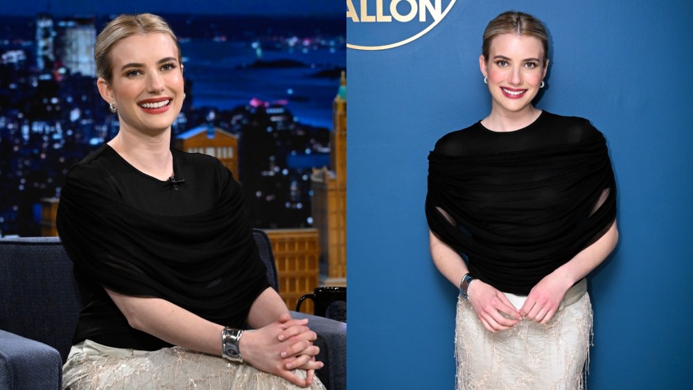 Emma Roberts appears on "The Tonight Show Starring Jimmy Fallon" on April 3, Christopher Esber, celebrity style, black and white, trends