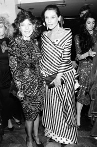 (L-R) Guest, Audrey Hepburn, and Barbara Lazaroff attend an event at Spago, a restaurant in West Hollywood, California, on April 11, 1988.