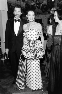 (L-R) Robert Wolders, Audrey Hepburn, and Mary Lazar attend an event at Spago, a restaurant in West Hollywood, California, on April 11, 1988.