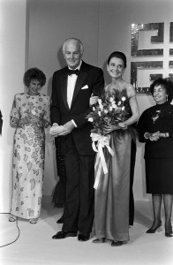 Hubert de Givenchy (2nd from L), Audrey Hepburn (2nd from R), and guests attend an event at the Beverly Wilshire Hotel in Beverly Hills, California, on October 28, 1988.