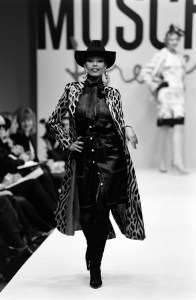 A model walks in the Moschino Fall 1995 Ready to Wear Runway Show on March 5, 1995, in Milan, Italy.