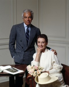 Fashion designer Ralph Lauren with actress Audrey Hepburn in his white cashmere sweater, the two have been working on the final fittings for "Gardens of the World," a PBS series Hepburn will be hosting early next year on March 27, 1990 in New York...Article title: "The Scene: Audrey and Ralph"