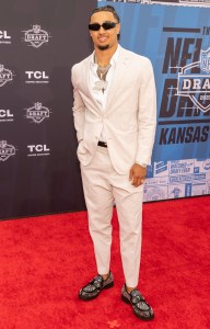 Jaxon Smith-Njigba during the NFL Draft Red Carpet at the National WWI Museum and Memorial on April 27, 2023 in Kansas City, Missouri.