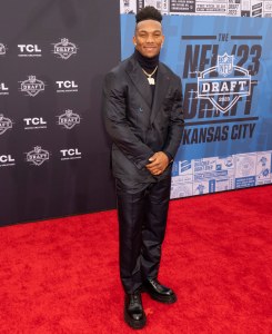 Bijan Robinson during the NFL Draft Red Carpet at the National WWI Museum and Memorial on April 27, 2023 in Kansas City, Missouri.