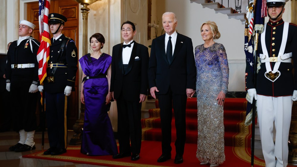 U.S. President Joe Biden and first lady Jill Biden welcome Japanese Prime Minister Fumio Kishida and his wife Yuko Kishida to the White House for a state dinner on April 10, 2024 in Washington, DC. U.S. President Joe Biden and first lady Jill Biden are hosting a state dinner for Japanese Prime Minister Fumio Kishida as part of his official state visit.