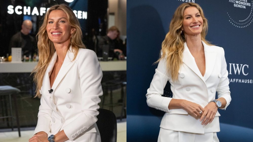 Gisele Bündchen joins IWC Schaffhausen at Watches and Wonders on April 9 in Geneva, Switzerland, celebrity style, suiting