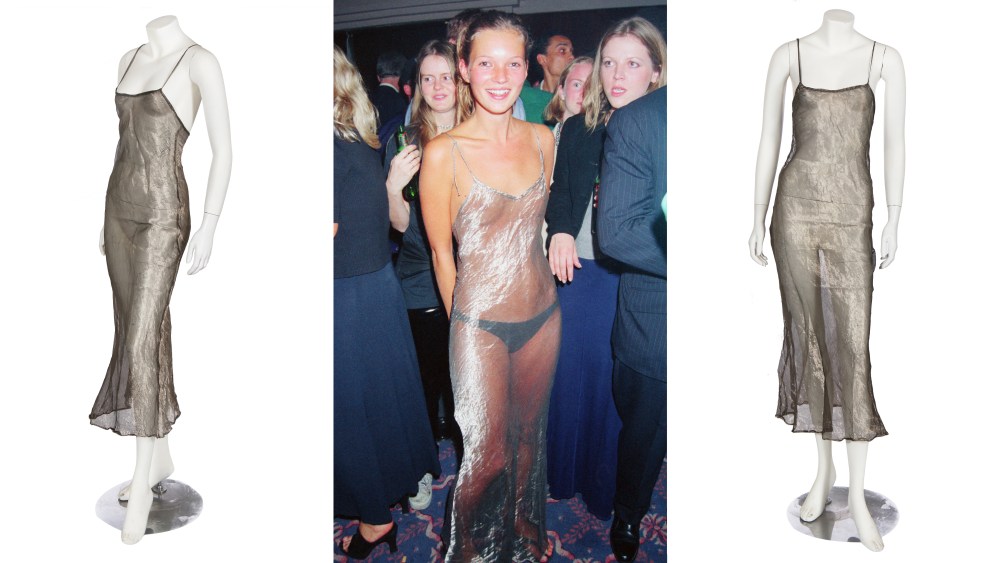 Middle: Kate Moss wearing a Liza Bruce lamé slip dress at the Elite Model Agency party for the Look of the Year Contest at the Hilton Hotel, London in September 1993.