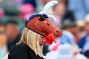 LOUISVILLE, KENTUCKY - MAY 04: A view of a woman wearing a hat prior to the 145th running of the Kentucky Derby at Churchill Downs on May 04, 2019 in Louisville, Kentucky. (Photo by Tom Pennington/Getty Images)