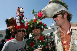 LOUISVILLE, KY - MAY 06:  Race fans with derby hats pose during the 132nd Kentucky Derby on May 6, 2006 at Churchill Downs in Louisville, Kentucky.  (Photo by Jamie Squire/Getty Images)