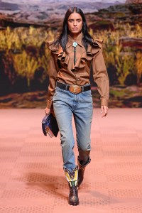Model on the runway at Louis Vuitton Men’s Fall 2024 as part of Paris Men's Fashion Week held at Jardin d'Acclimatation on January 16, 2024 in Paris, France.