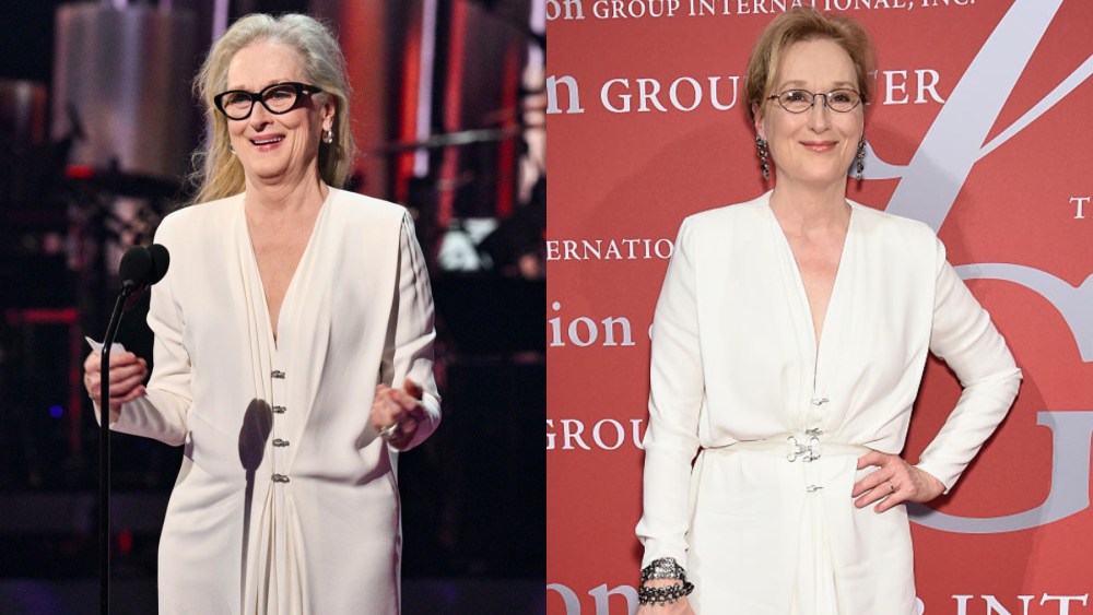 Meryl Streep at the 2024 iHeartRadio Music Awards on April 1 in Los Angeles; Meryl Streep attends Fashion Group International's Night Of Stars in 2015.