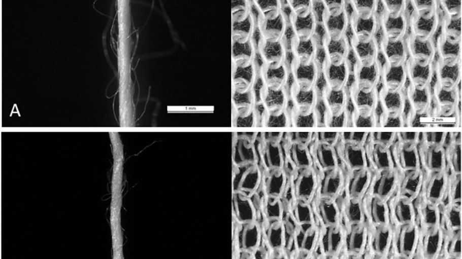 Comparison of yarn hairiness for yarns of the same linear density (30 tex) and different spinning systems (ring or vortex). (A) PET-30-ring and (B) PET-30-vortex (images taken before laundering).