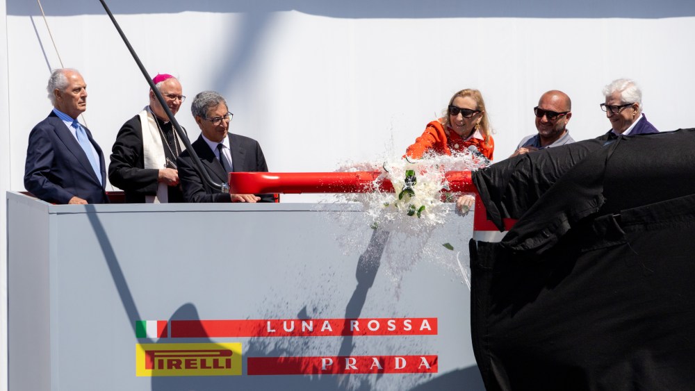 Miuccia Prada christens the Luna Rossa Prada Pirelli AC75 sailboat competing in the 37th America's Cup.