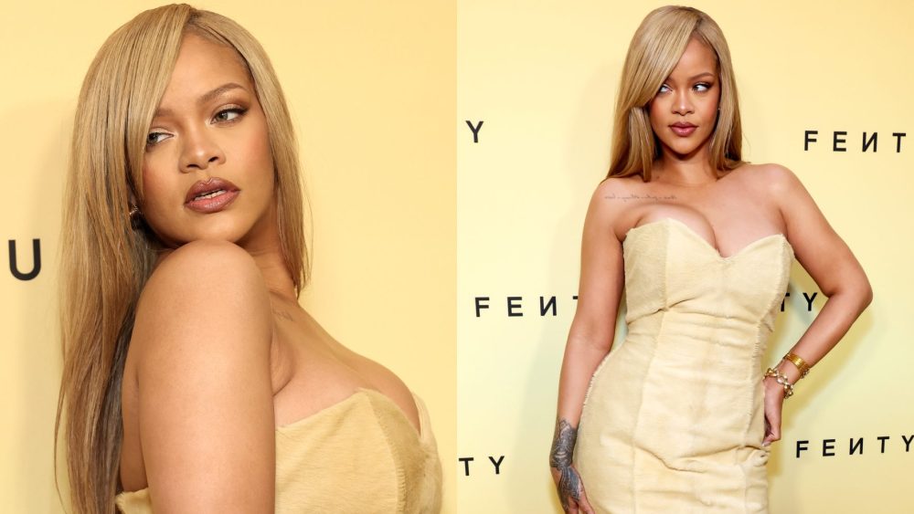 Rihanna in Strapless Alexander McQueen Dress at Fenty Beauty Party