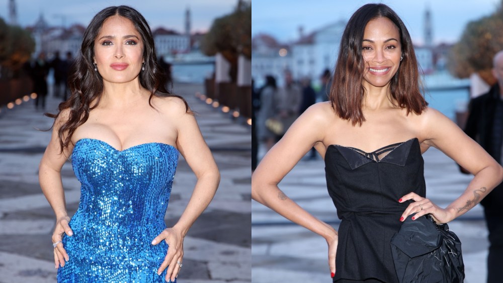 Salma Hayek and Zoe Saldana attend a Fondazione Cini dinner ahead of the 60th Venice Biennale on April 17, celebrity style, Maison Margiela