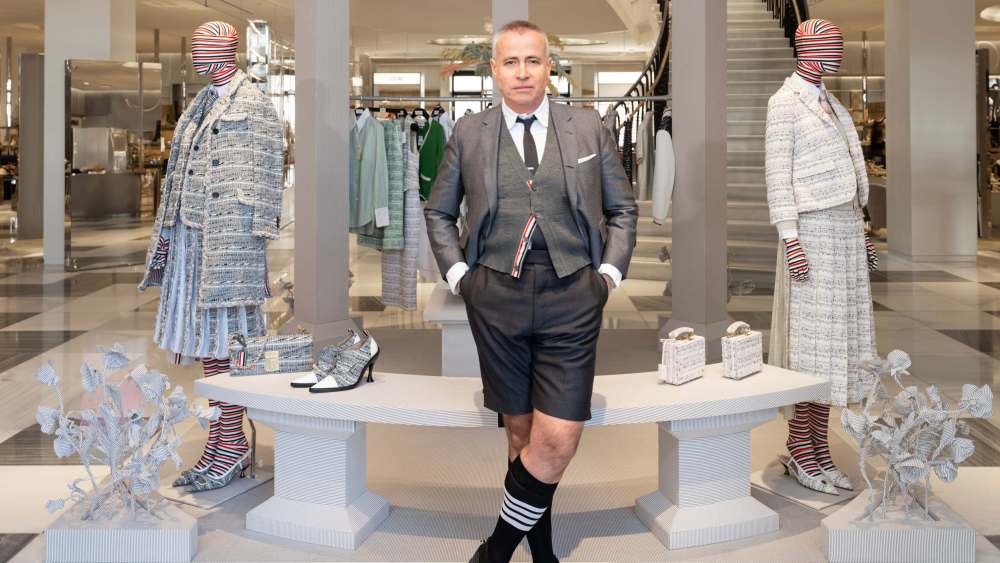 Thom Browne at his exclusive women’s Collection display in Saks.