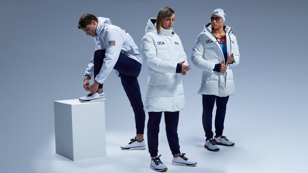 Bobby Finke, Katie Ledecky and Torri Huske in the Tyr kit for the US Olympic swim team.