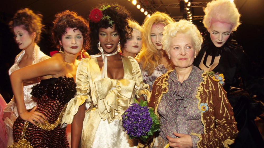 Helena Christensen, Naomi Campbell, Vivienne Westwood and models during Paris Fashion Week in the 1990s.