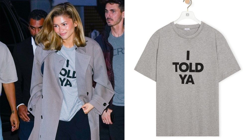 Zendaya wearing a custom Loewe 'I Told Ya' T-Shirt on the 'Challengers' press tour; I Told Ya T-Shirt