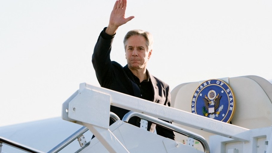 U.S. Secretary of State Antony Blinken boards his plane at Joint Base Andrews in Maryland on Tuesday on his way to Beijing.