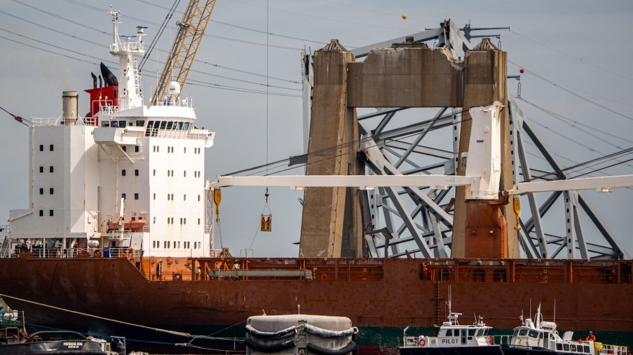 The Saimaagracht, a general cargo vessel, is the second ship to sail past the cargo ship Dali and the collapsed Francis Scott Key Bridge on April 25, 2024 in Baltimore, Maryland. Four weeks since the maritime accident in the Patapsco River, a temporary channel opens today to allow ships stuck in the Port of Baltimore to leave.