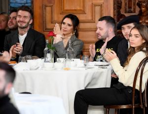 David Beckham, Victoria Beckham, Kim Jones, Brooklyn Beckham and Hana Cross in the front row at the Kent & Curwen Fall RTW 2019 show.