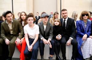 Brooklyn Beckham, Hana Cross, Cruz Beckham, Romeo Beckham, Harper Beckham, David Beckham and Anna Wintour in the front row at the Victoria Beckham Fall RTW 2019.