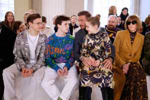 Romeo Beckham, Cruz Beckham, David Beckham, Harper Beckham and Anna Wintour in the front row in Victoria Beckham Fall RTW 2020 show.