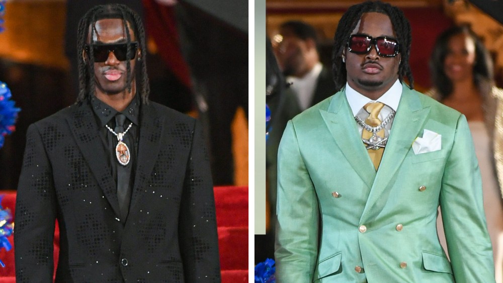 best dressed outfits, style, fashion Marvin Harrison Jr., Dallas Turner at the 2024 NFL Draft at the Fox Theatre on April 25, 2024 in Detroit, Michigan.