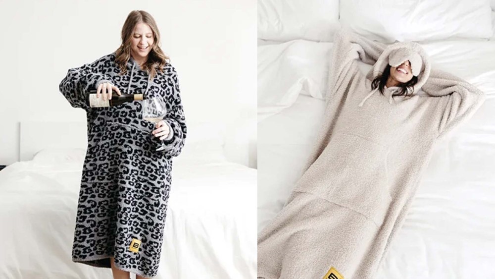 woman wearing a leopard pring blanket hoodie and pouring a glass of wine; woman on white bedding wearing a beige blanket hoodie and sleep mask