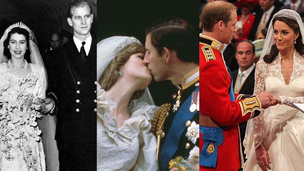 The weddings of (L-R) Queen Elizabeth II and Prince Philip, Princess Diana and Prince Charles, Prince William and Kate Middleton